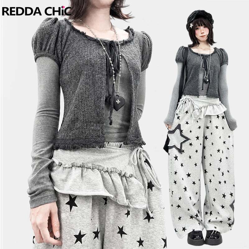 T-Shirts - REDDACHiC パフスリーブカーディガンとトップスの2点セット。韓国風、グレー、レイヤードスタイル、スリムフィットTシャツ、カーディガン、グランジスタイル、秋物。