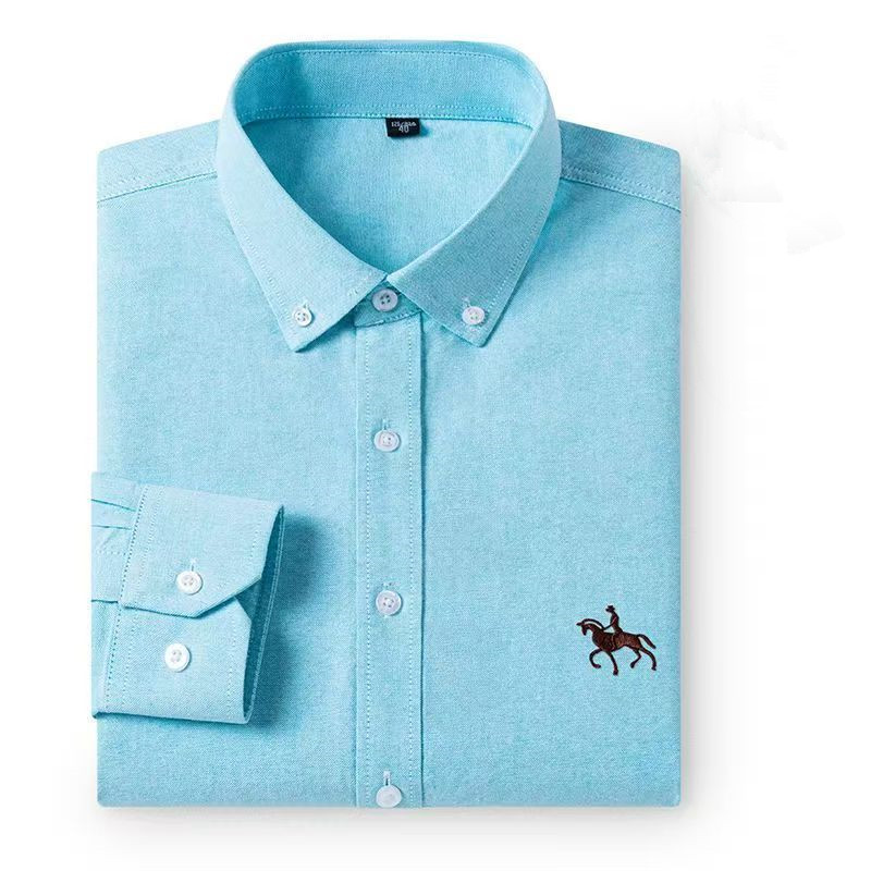 Oxford Cotton Casual Shirt Business - 綿100％、メンズ・オックスフォードシャツ、長袖、馬の刺繍入り、クラシックなデザイン、ビジネスシーンに最適、レギュラーフィット、フォーマルなドレスシャツ、大きいサイズ（6XL）