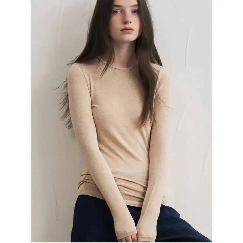 T-Shirts - レディースカシミヤ混紡長袖トップス 秋冬用 ソフトモーダルストレッチ スリムフィット ラウンドネック ベーシックレイヤリングニットTシャツ