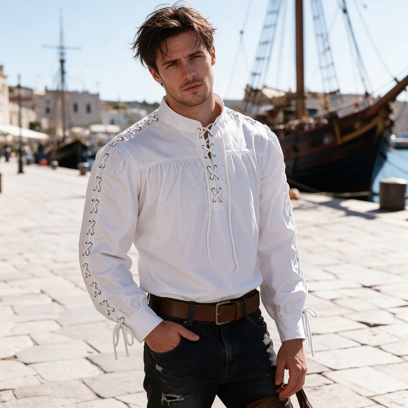 男性用、中世風、海賊風、レースアップシャツ、ルネサンス様式、 - Medieval Gothic Lace Up Pirate Shirt のレビューと価格