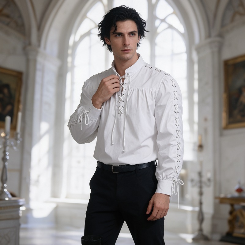 男性用、中世風、海賊風、レースアップシャツ、ルネサンス様式、 - Medieval Gothic Lace Up Pirate Shirt のレビューと価格