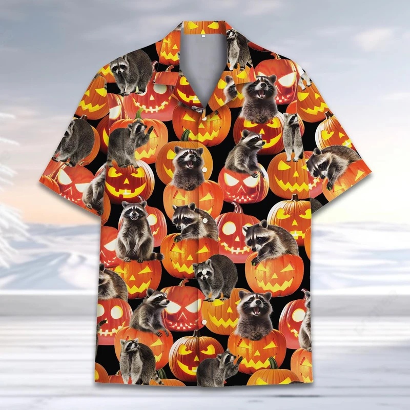 メンズサマーハワイアンラクーンパンプキンY2Kスカルシャツ、 - Vintage Hawaiian Floral Shirt のレビューと価格