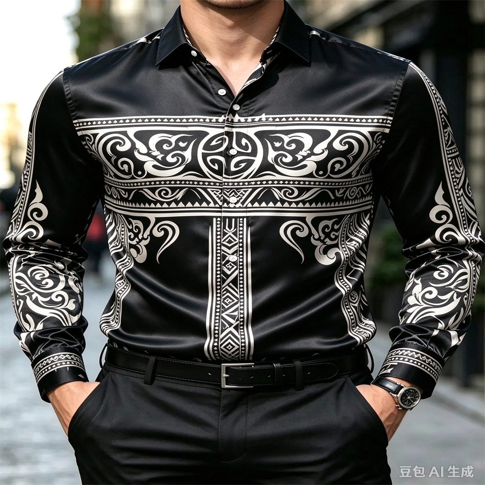 高級サテン素材のメンズシャツ、ヴィンテージ風の民族調のプリン - Mens Satin Silk Dress Shirt のレビューと価格