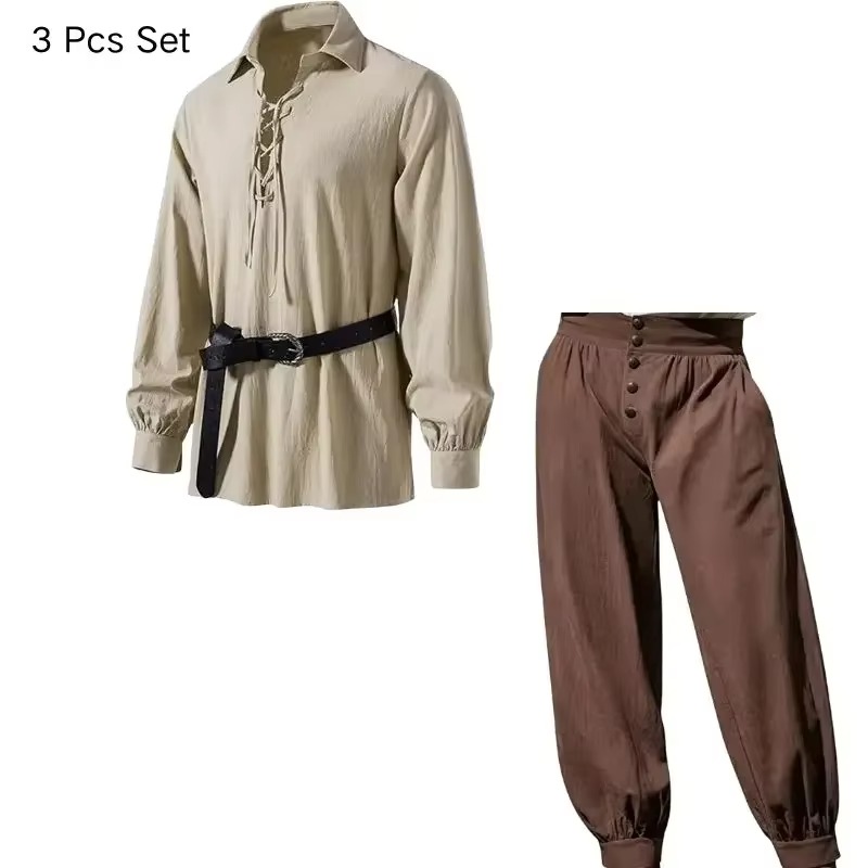 男性用、中世風バイキング海賊コスチューム3点セット。ルネサン - Medieval Gothic Lace Up Pirate Shirt のレビューと価格