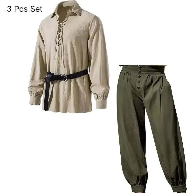 男性用、中世風バイキング海賊コスチューム3点セット。ルネサン - Medieval Gothic Lace Up Pirate Shirt のレビューと価格